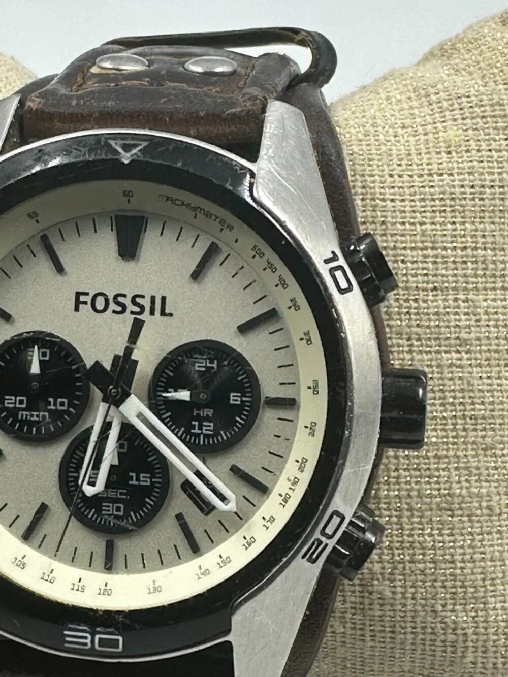 Fossil Coachman Chronograph Watch Men Cream Dial Leather Strap Band New Battery